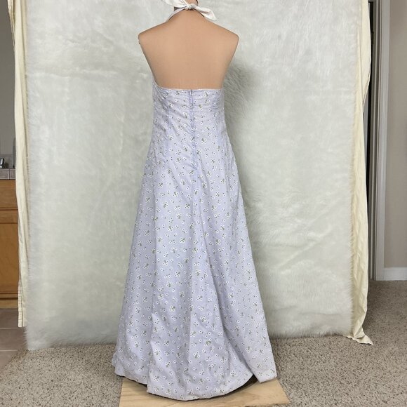 Vintage 70s Halter Neck Lilac Purple Flocked Daisy Floral Print Maxi Dress S - Picture 4 of 7
